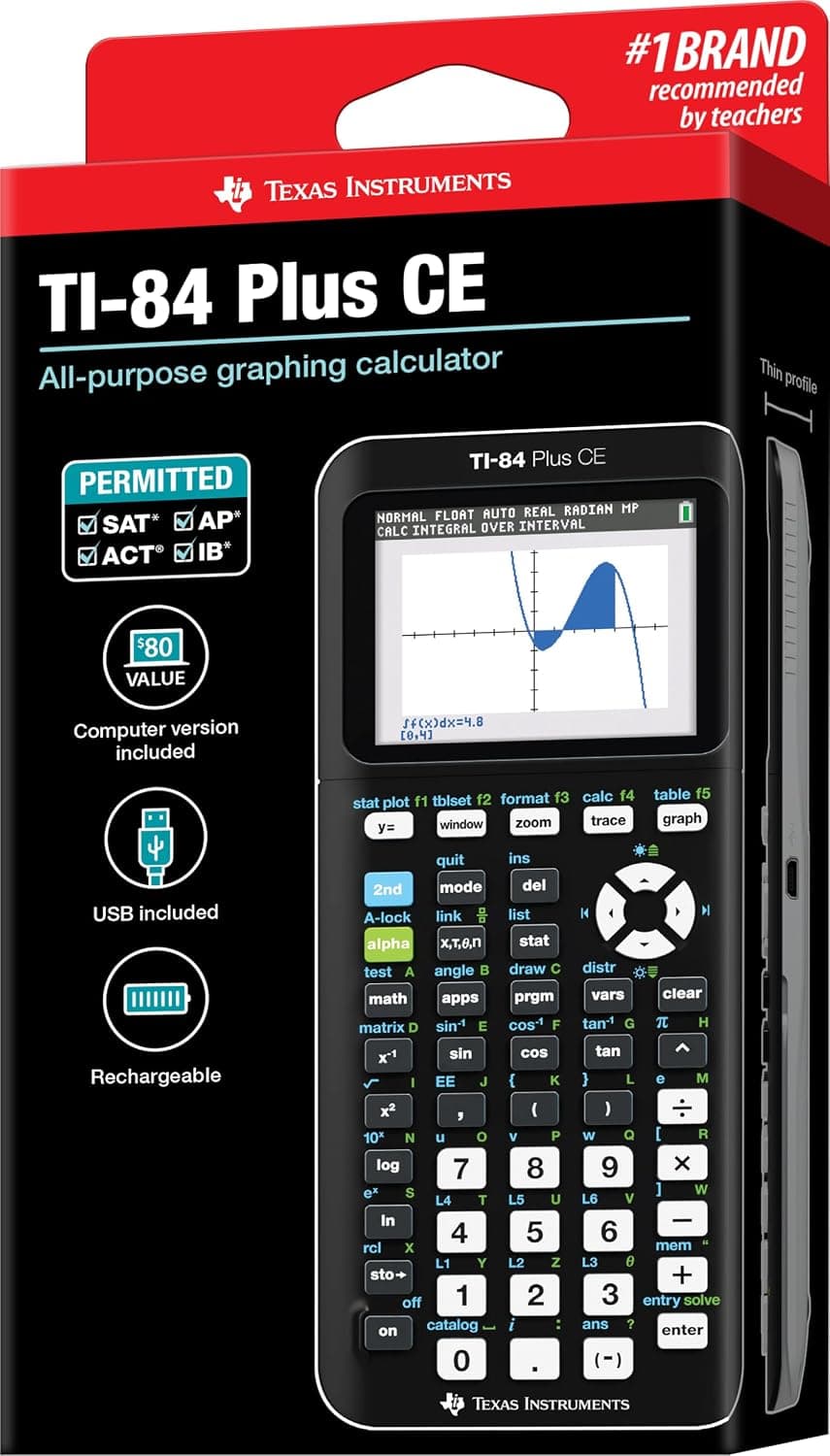 Texas Instruments TI-84 Plus CE Graphing Calculator, Black 7.5 Inch