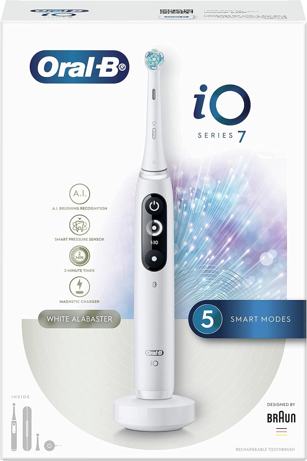 Oral-B iO7 Electric Rechargeable Toothbrush, 1 White handle with revolutionary magnetic technology, Black & White Display, 5 Modes, 1 Premium Travel Case