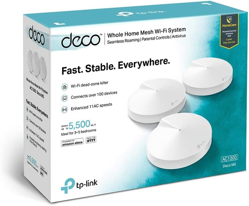 TP-Link Deco M5 (3-Pack) AC1300 Dual-Band Whole Home Mesh WiFi System, Up to 5500 Sq. ft. Coverage, 100 Devices Connectivity, Built-in Anti-Virus, WiFi Router/Extender Replacement, Parental Controls