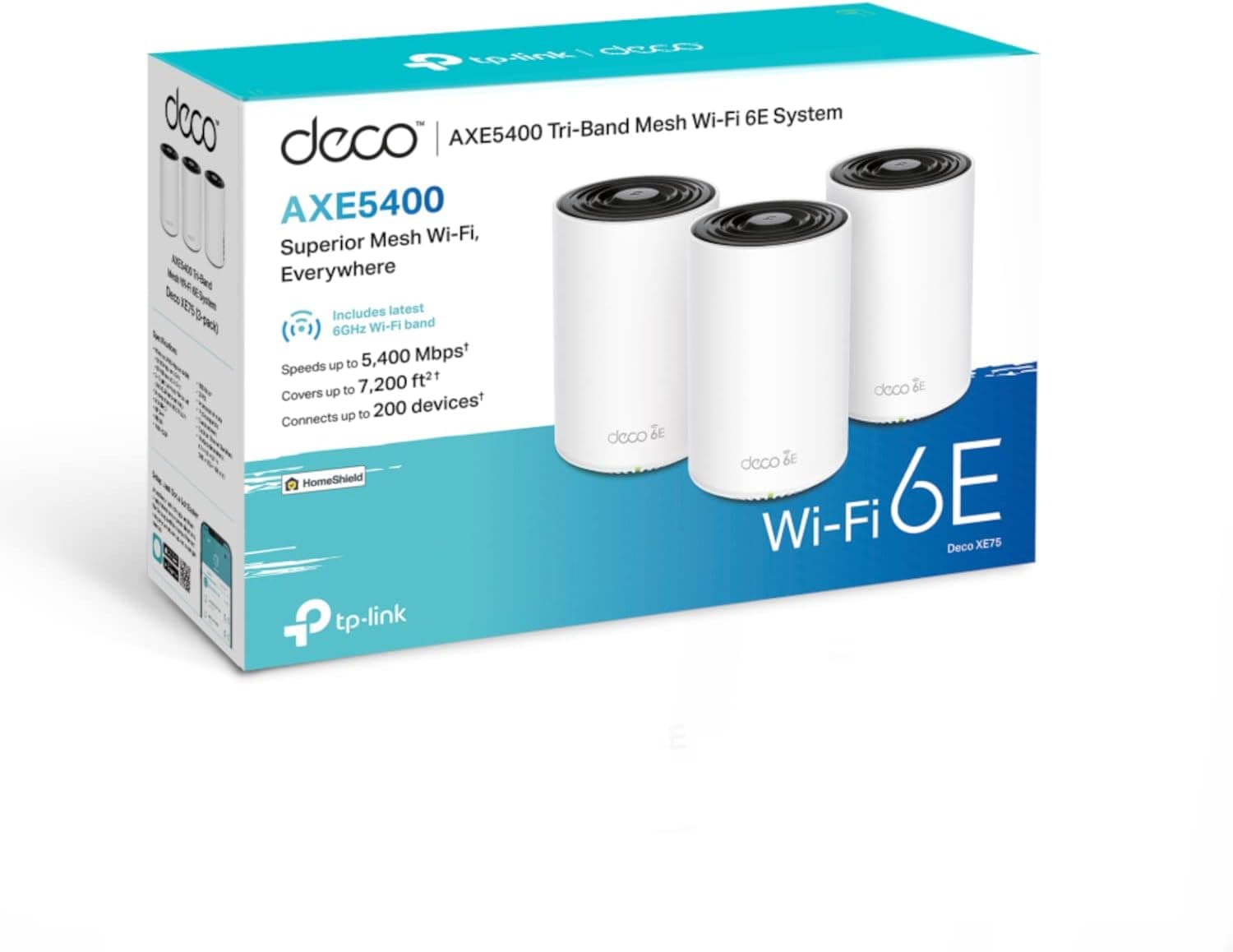 TP-Link Deco XE75 AXE5400 Whole Home Mesh Wi-Fi 6E System, Tri-Band, Gigabit Ports, AI-Driven Mesh, cover up to 7,200 ft2, Connect up to 200 devices,1.7 GHz Quad-Core CPU, HomeShield, Pack of 3