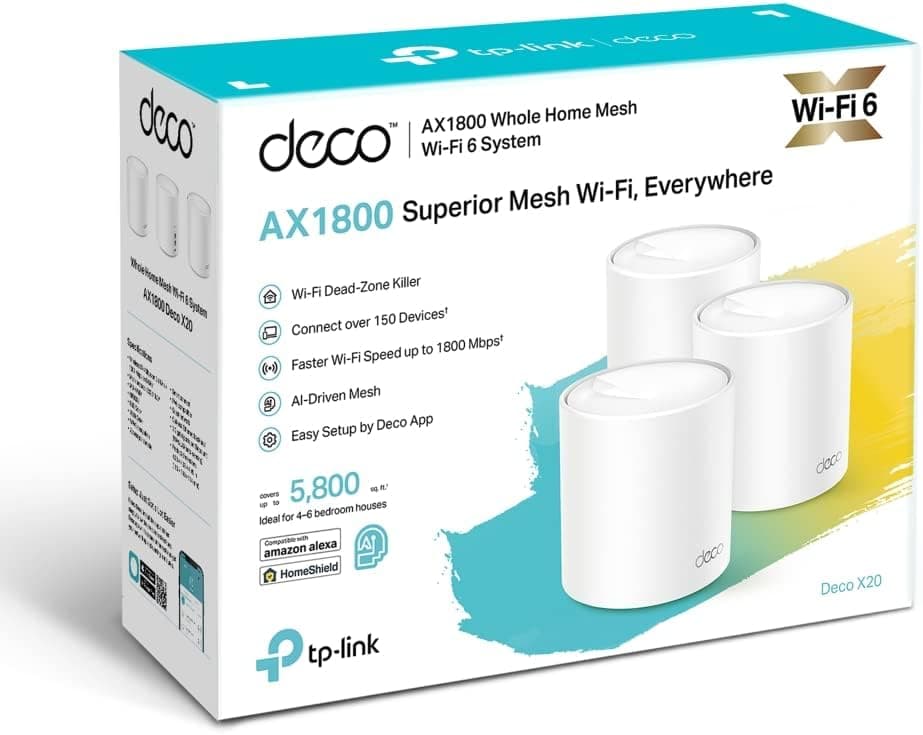TP-Link Deco X20 AX1800 Whole Home Mesh WiFi 6 System, AI-Driven Mesh, Up to 5,800 Sq ft Coverage, 1 GHz Quad-Core CPU, Compatible with Amazon Alexa, With TP-Link HomeShield's kit, Pack of 3, White