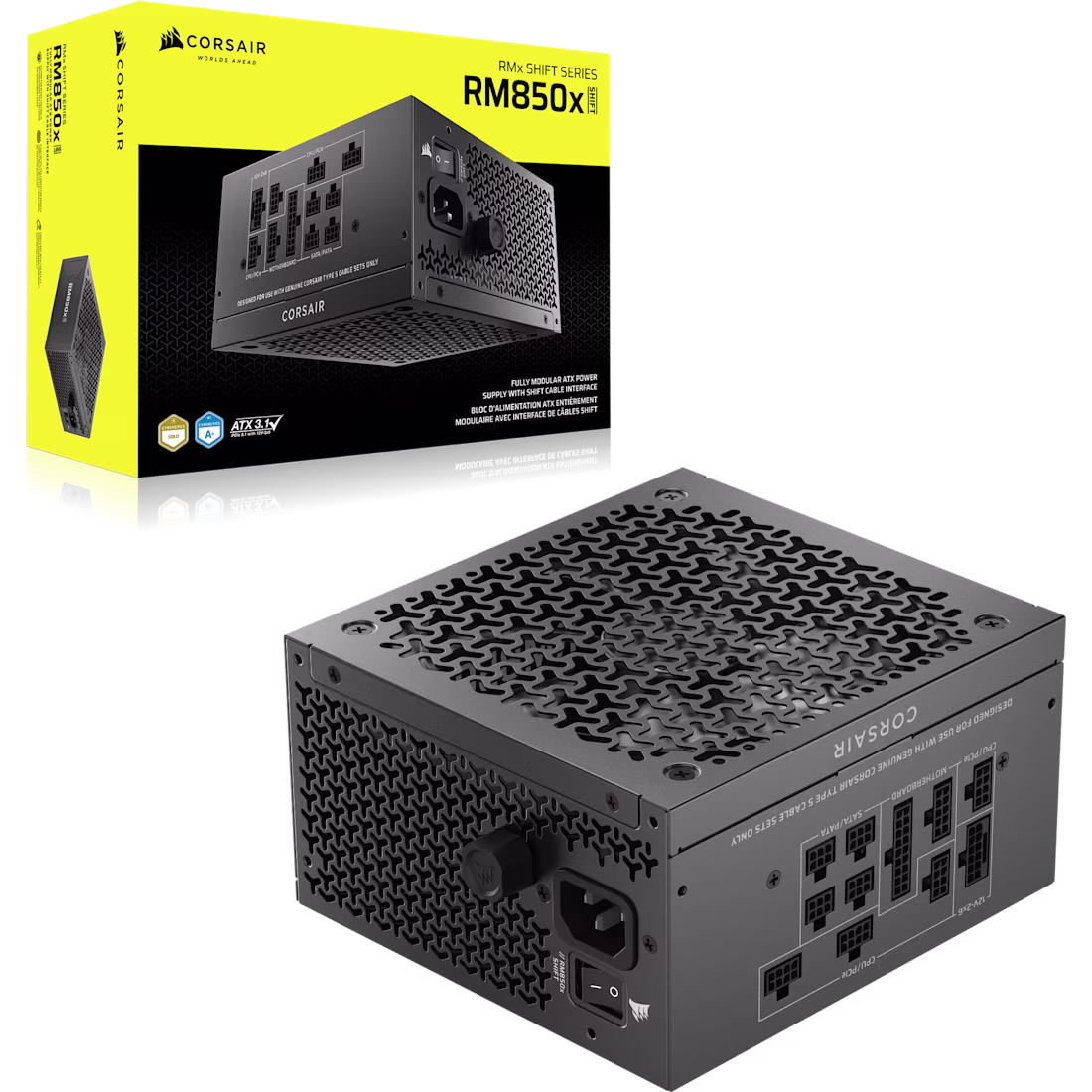 CORSAIR RM850x Shift Fully Modular ATX Power Supply - 80 Plus Gold - ATX 3.0 - PCIe 5.0 - Zero RPM - Modular Side Interface