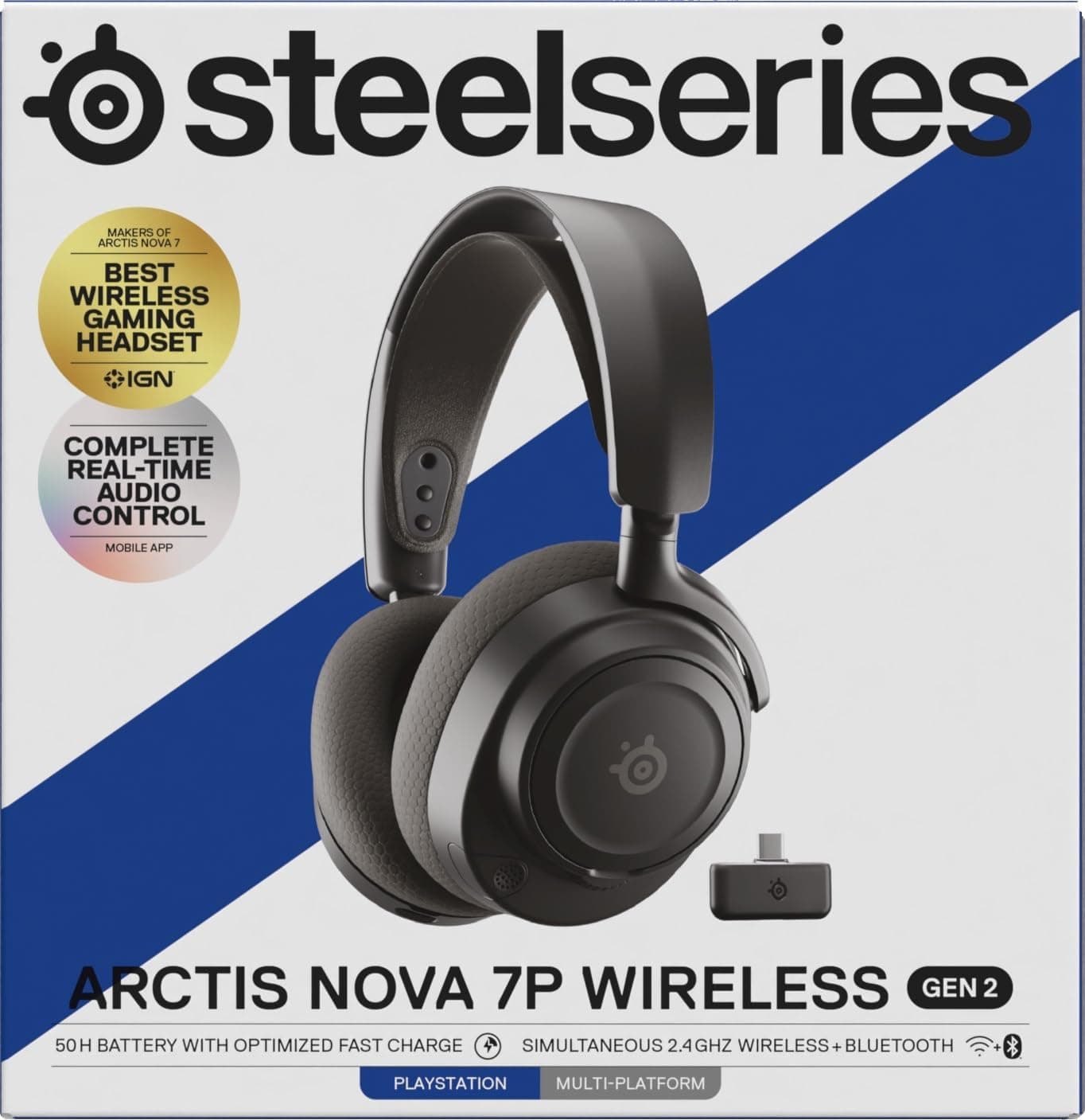 SteelSeries Arctis Nova 7P Wireless Gen 2 PlayStation Gaming Headset - Real-Time App Control - 50+ HR - Neodymium Magnetic Drivers - Mixable 2.4GHz/Bluetooth - PS5, PS4, PC, Switch 1/2, Mobile