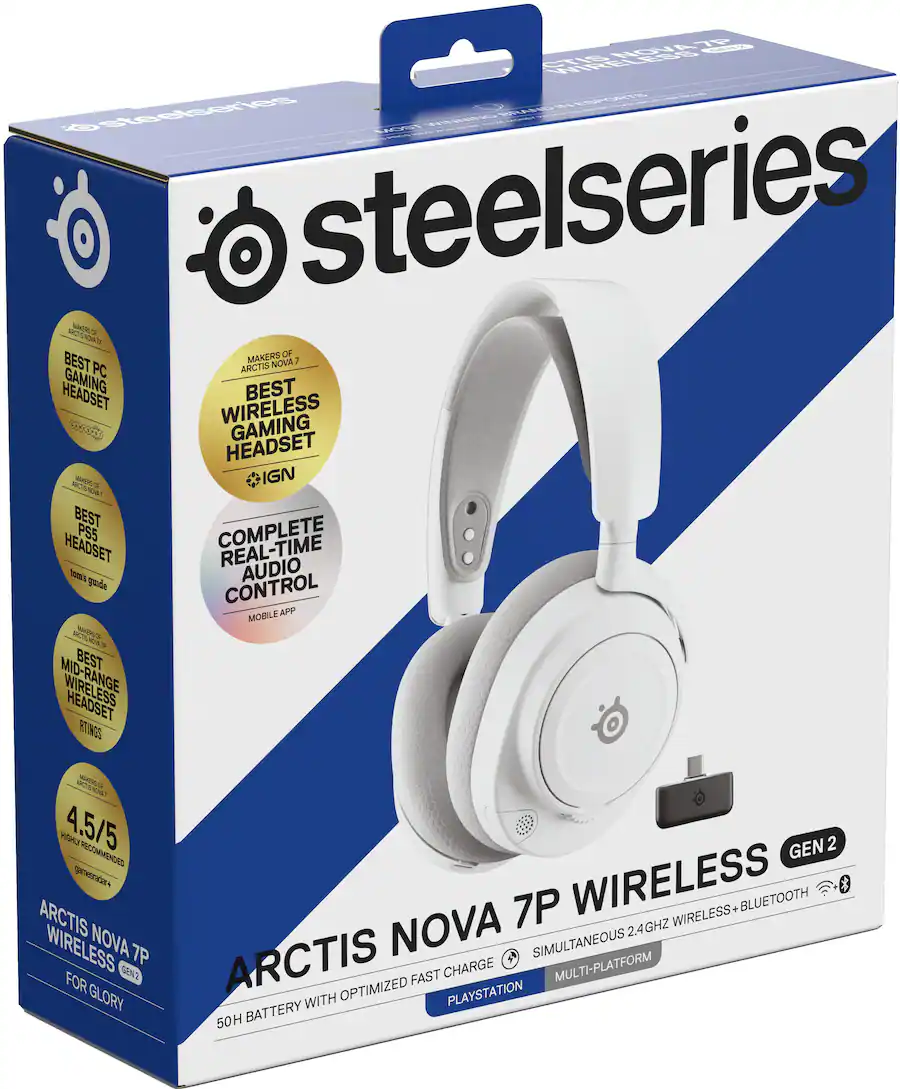 SteelSeries Arctis Nova 7P Gen 2 Wireless Over-The-Ear Multi Gaming Headset for PS4, PS5, Switch, Handheld, PC - White